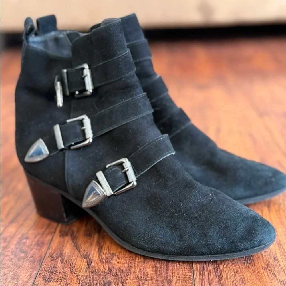Blue Velvet Brand Black Suede Leather Ankle Boots with Triple Buckle